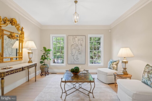 living room featuring crown molding, a wealth of natural light, and light hardwood / wood-style floors