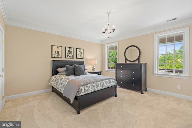 carpeted bedroom featuring a chandelier, ornamental molding, and baseboards