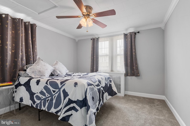 bedroom with carpet floors, crown molding, and ceiling fan