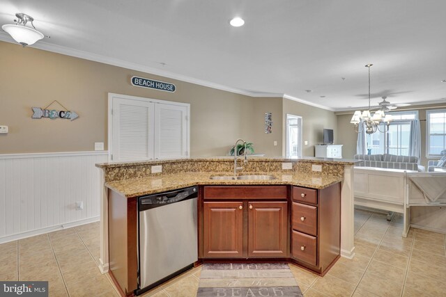 kitchen with crown molding, light tile patterned floors, sink, light stone countertops, and appliances with stainless steel finishes