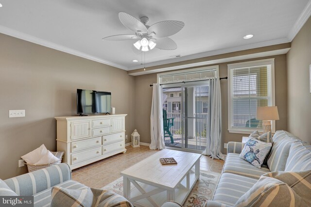 tiled dining room with ceiling fan with notable chandelier and ornamental molding