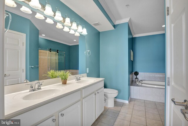 tiled dining room featuring crown molding and a notable chandelier