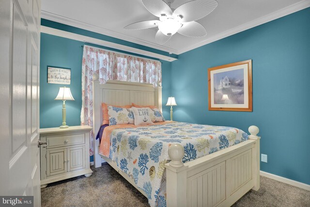 bedroom featuring dark carpet, ceiling fan, and ornamental molding