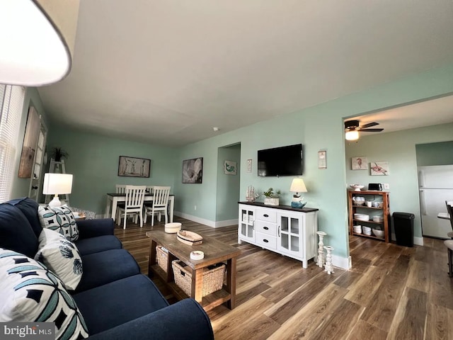 living room with ceiling fan and hardwood / wood-style flooring