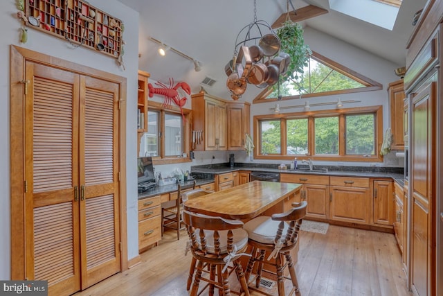 130 Mcfee St, Lewes, DE 19958 - kitchen with black dishwasher, a sink, a skylight, light wood-style floors, and a chandelier