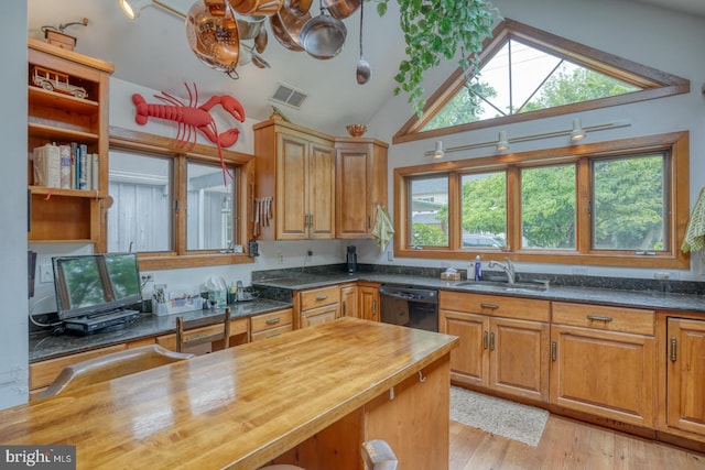 kitchen featuring vaulted ceiling with skylight, butcher block counters, and light hardwood / wood-style flooring