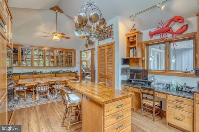 130 Mcfee St, Lewes, DE 19958 - kitchen with butcher block countertops, track lighting, light wood-type flooring, high vaulted ceiling, and ceiling fan