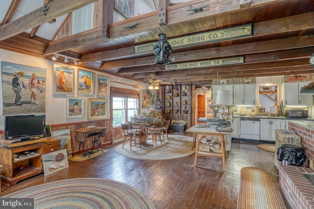 130 Mcfee St, Lewes, DE 19958 - living room featuring hardwood / wood-style flooring, beam ceiling, a ceiling fan, and a baseboard heating unit