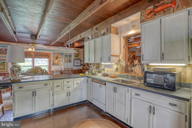 kitchen with white dishwasher, white cabinets, sink, beamed ceiling, and kitchen peninsula