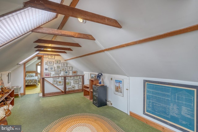 bonus room featuring carpet and lofted ceiling with beams