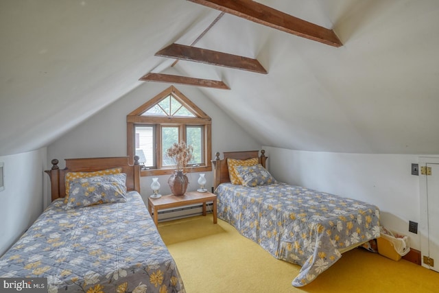 carpeted bedroom with baseboard heating and vaulted ceiling with beams