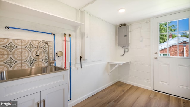 interior space featuring electric panel and light hardwood / wood-style flooring