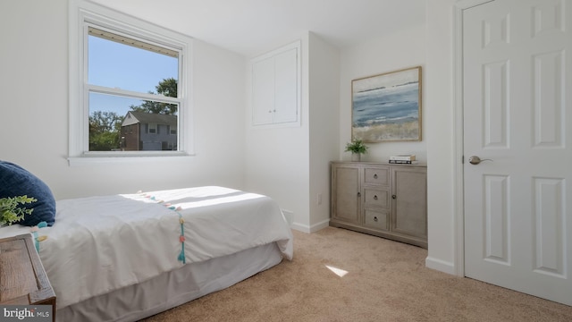 bedroom with light carpet