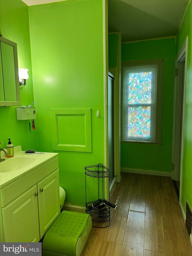 bathroom featuring vanity and hardwood / wood-style floors