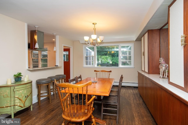 dining space featuring baseboard heating, an inviting chandelier, and dark hardwood / wood-style floors