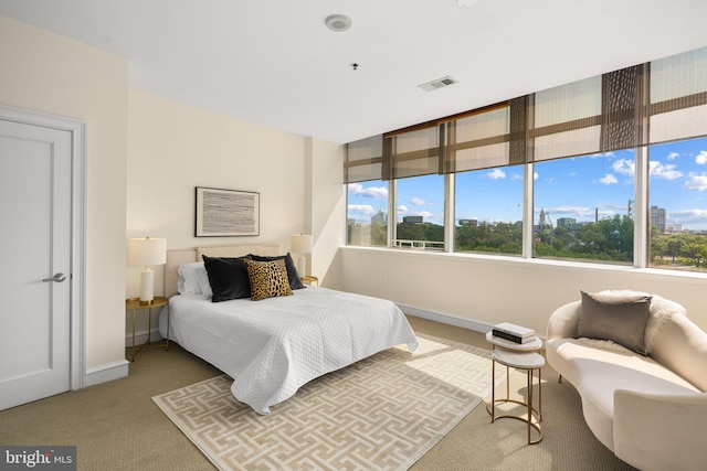 bedroom featuring multiple windows and light carpet