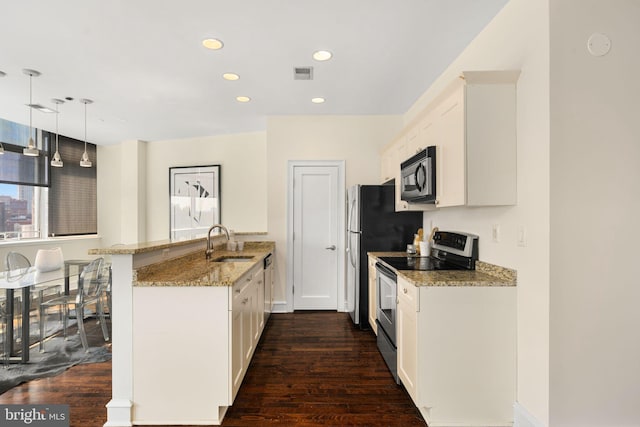 kitchen with dark hardwood / wood-style flooring, appliances with stainless steel finishes, light stone counters, sink, and kitchen peninsula