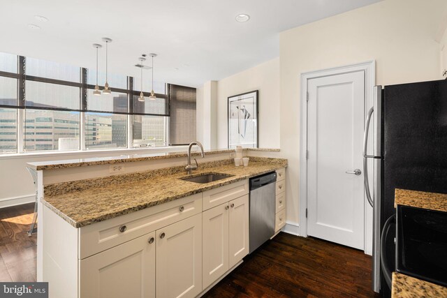 kitchen featuring sink, dark hardwood / wood-style flooring, appliances with stainless steel finishes, light stone counters, and hanging light fixtures