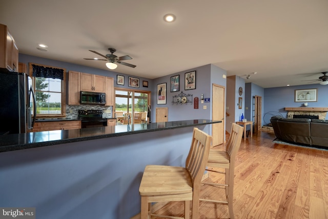 kitchen featuring ceiling fan, dark stone counters, light hardwood / wood-style flooring, tasteful backsplash, and appliances with stainless steel finishes