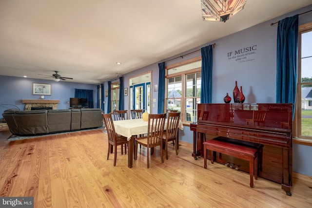 dining space featuring light hardwood / wood-style flooring, ceiling fan, and a stone fireplace