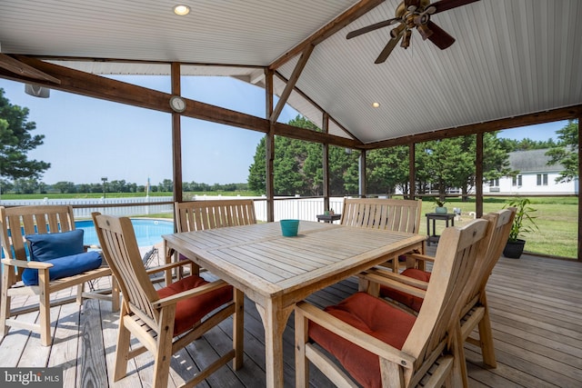 wooden terrace featuring ceiling fan