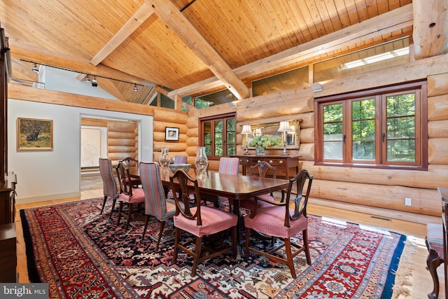 dining area with log walls, plenty of natural light, lofted ceiling with beams, and wood ceiling