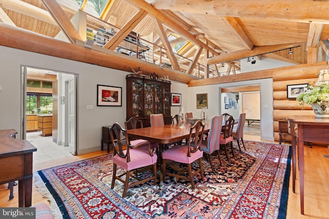 dining area featuring wood ceiling, high vaulted ceiling, beamed ceiling, and wood finished floors
