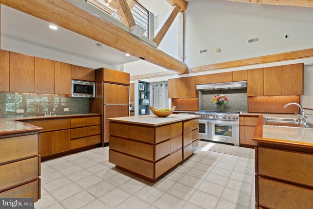 kitchen featuring tasteful backsplash, visible vents, under cabinet range hood, a sink, and built in appliances