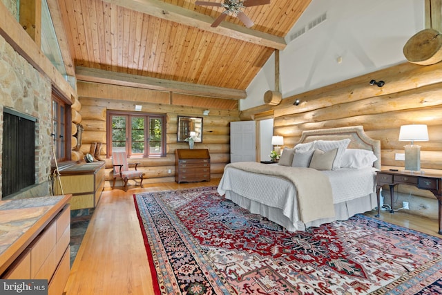 bedroom with beam ceiling, log walls, high vaulted ceiling, and wood ceiling