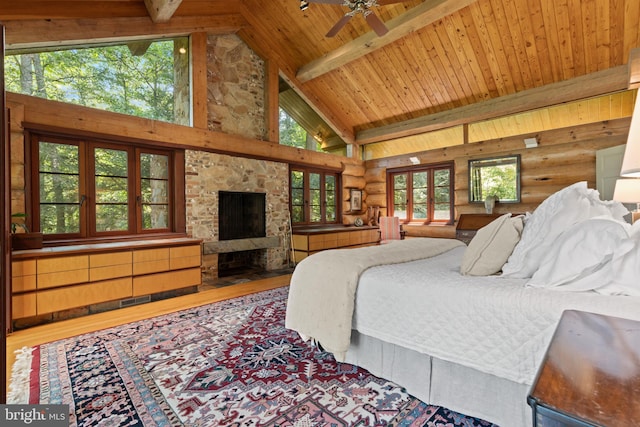 bedroom featuring a stone fireplace, high vaulted ceiling, wooden ceiling, and wood finished floors