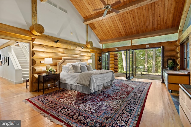 bedroom featuring high vaulted ceiling, visible vents, log walls, wood-type flooring, and beam ceiling