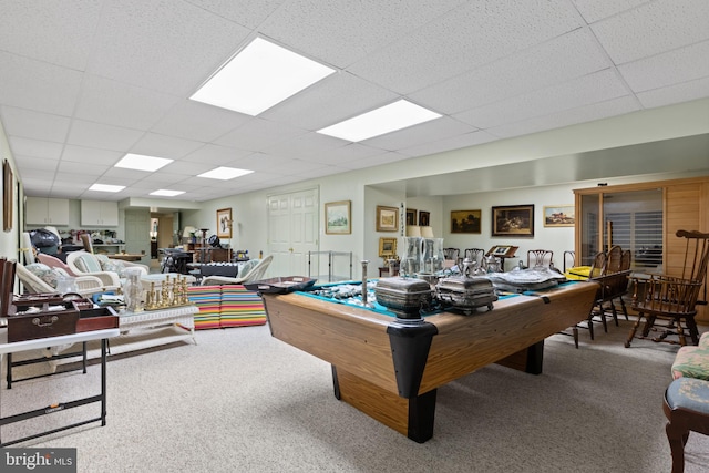 playroom with pool table, carpet flooring, and a paneled ceiling