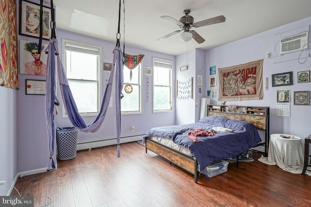 bedroom with ceiling fan, hardwood / wood-style flooring, a wall mounted AC, and baseboard heating