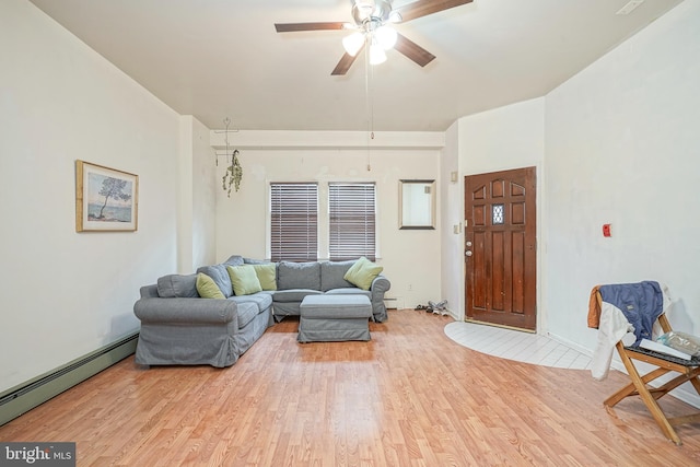 living room featuring ceiling fan, light hardwood / wood-style floors, and baseboard heating