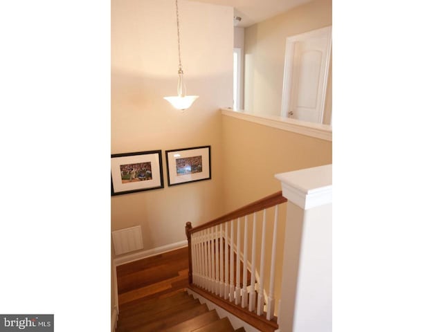 stairway with hardwood / wood-style floors