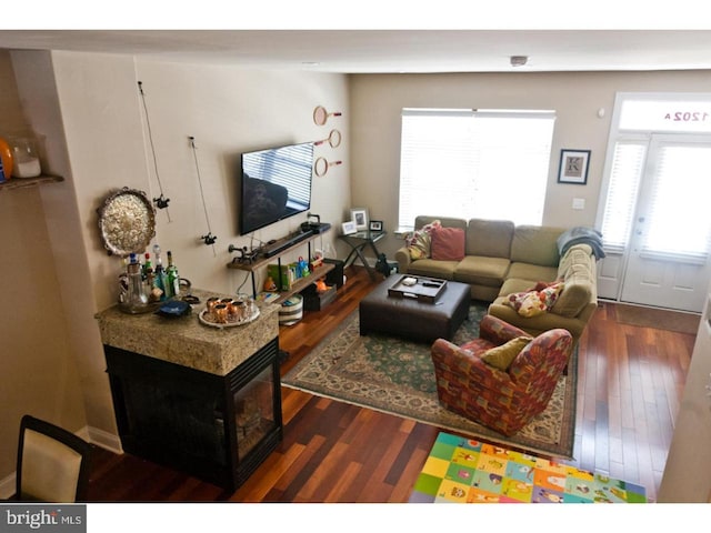 living room featuring dark wood-type flooring