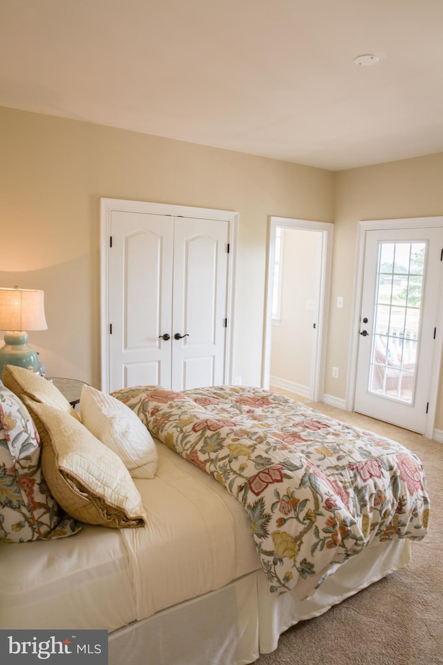 carpeted bedroom with a closet and access to outside