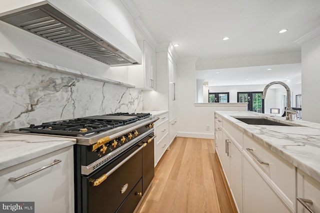 kitchen featuring white cabinets, high end range, custom range hood, light hardwood / wood-style floors, and decorative backsplash