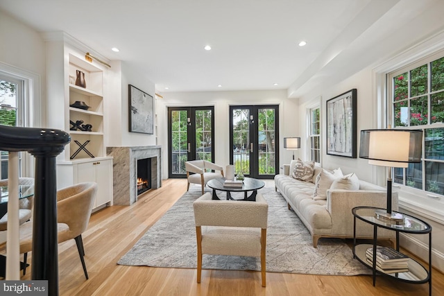 living room featuring a premium fireplace, light hardwood / wood-style floors, and a healthy amount of sunlight