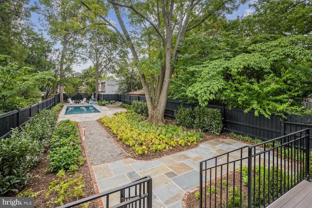 view of yard with a fenced in pool and a patio area