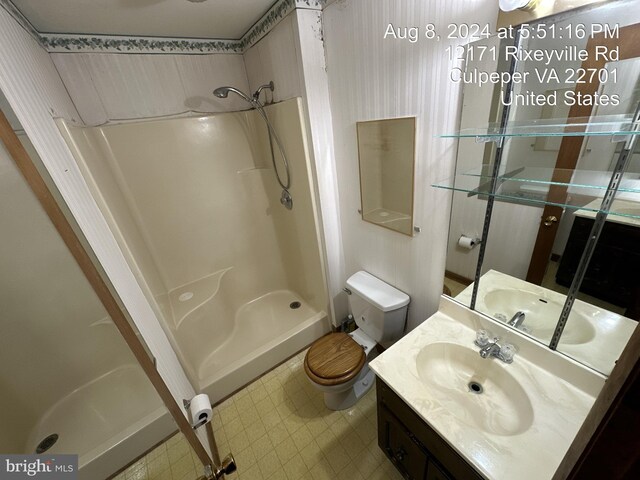 bathroom featuring vanity, toilet, and a shower