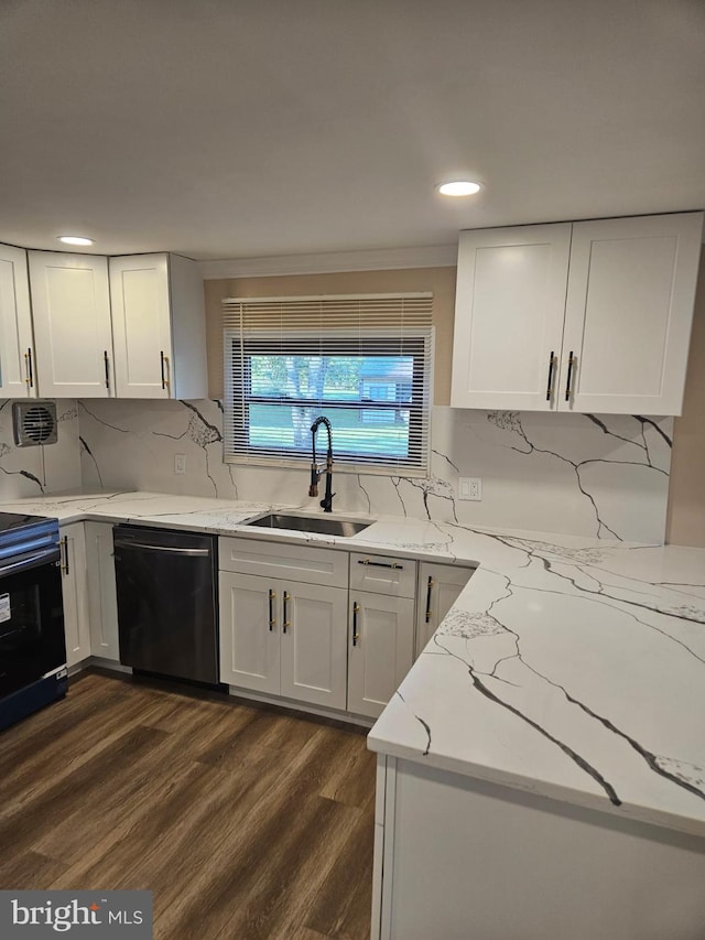 kitchen with white cabinetry, sink, black dishwasher, and range