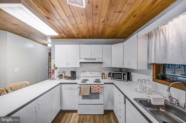 kitchen with hardwood / wood-style floors, sink, white range with electric stovetop, white cabinets, and wooden ceiling