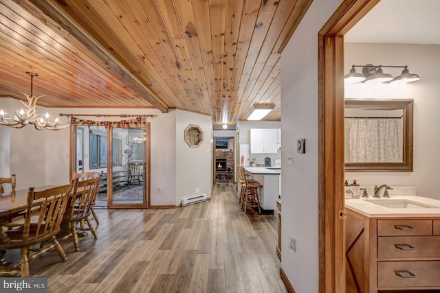 interior space with sink, a baseboard radiator, wooden ceiling, hardwood / wood-style flooring, and an inviting chandelier