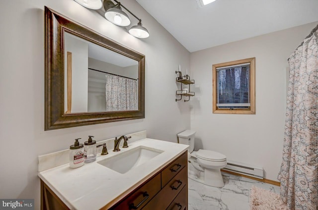 bathroom with a baseboard heating unit, tile patterned floors, toilet, and vanity