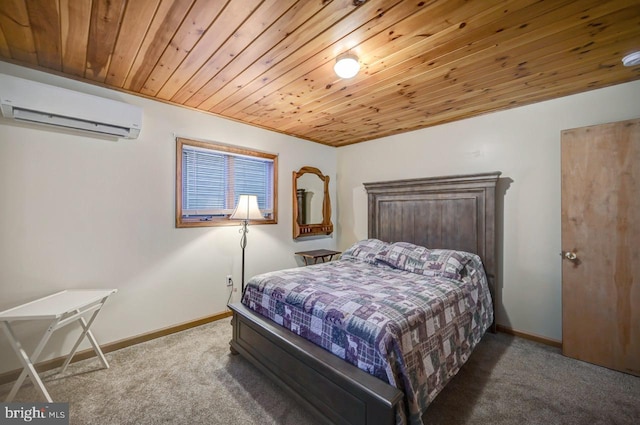 carpeted bedroom featuring wood ceiling and a wall mounted AC