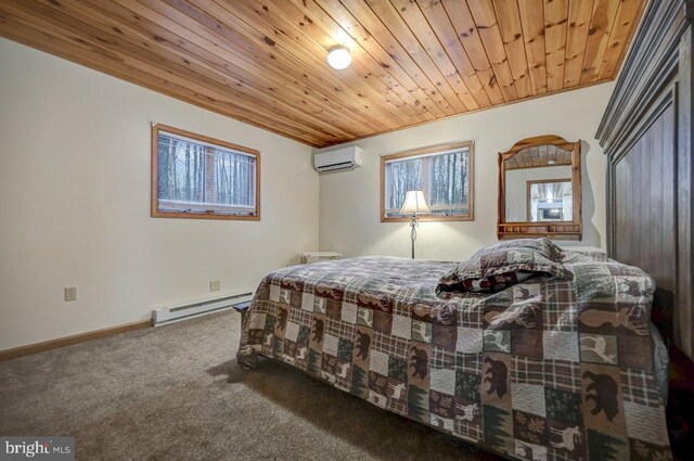 bedroom featuring carpet, wooden ceiling, a baseboard heating unit, and an AC wall unit