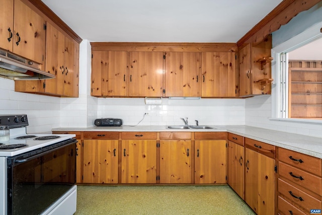 kitchen featuring decorative backsplash, sink, and range with electric stovetop