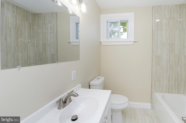 full bathroom featuring tiled shower / bath combo, tile patterned flooring, toilet, and vanity