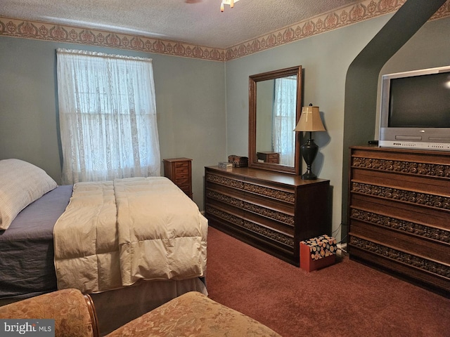 carpeted bedroom with multiple windows and a textured ceiling